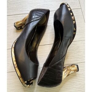 Brown Leather Peep Toe 3" Pumps Tortoise Patterned Heel & Platform. Boho Glam 8M